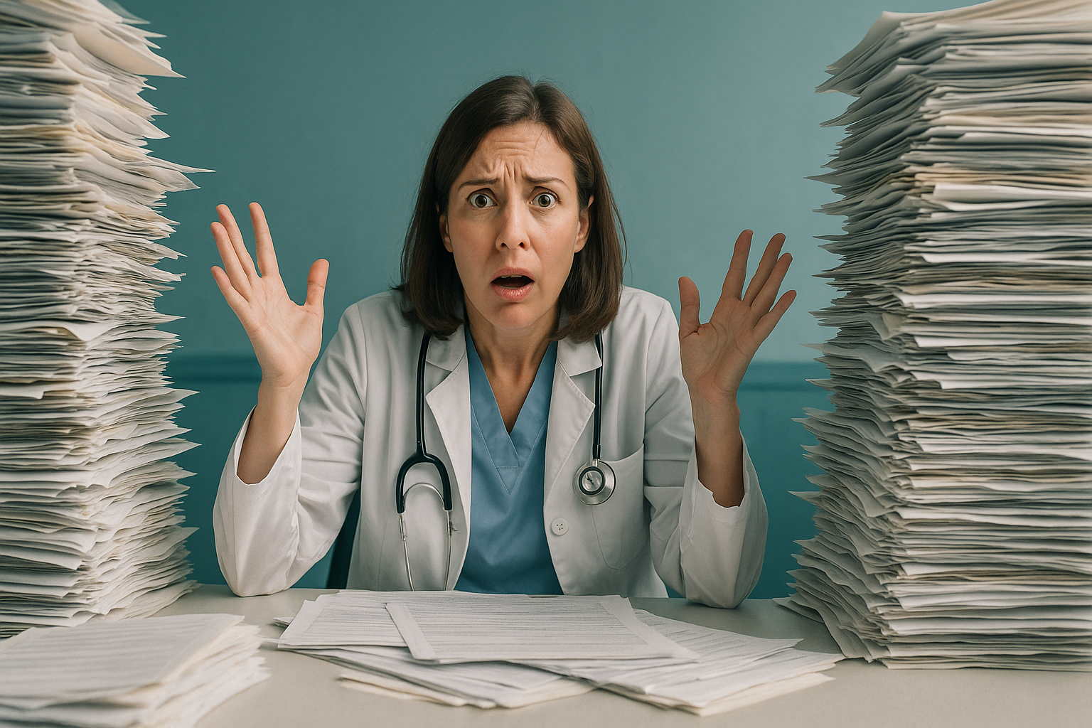 Doctor overwhelmed with paperwork